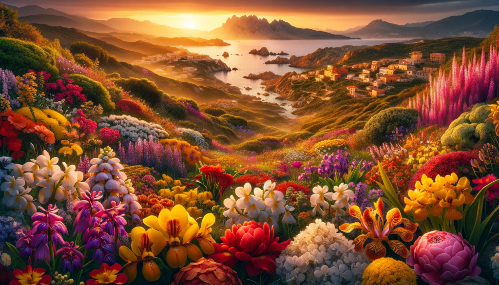 A panorama of vibrant wildflowers and endemic species in full bloom across a picturesque Sardinian landscape with a coastal or countryside backdrop.
